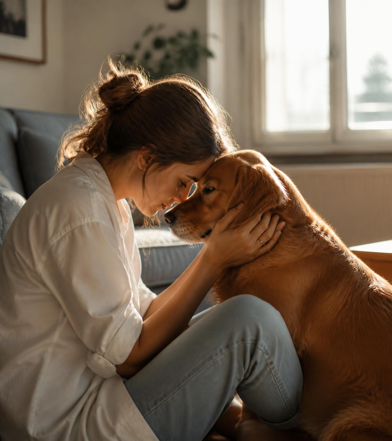 A worried pet owner sitting on the floor at home, resting her forehead against her dog's
