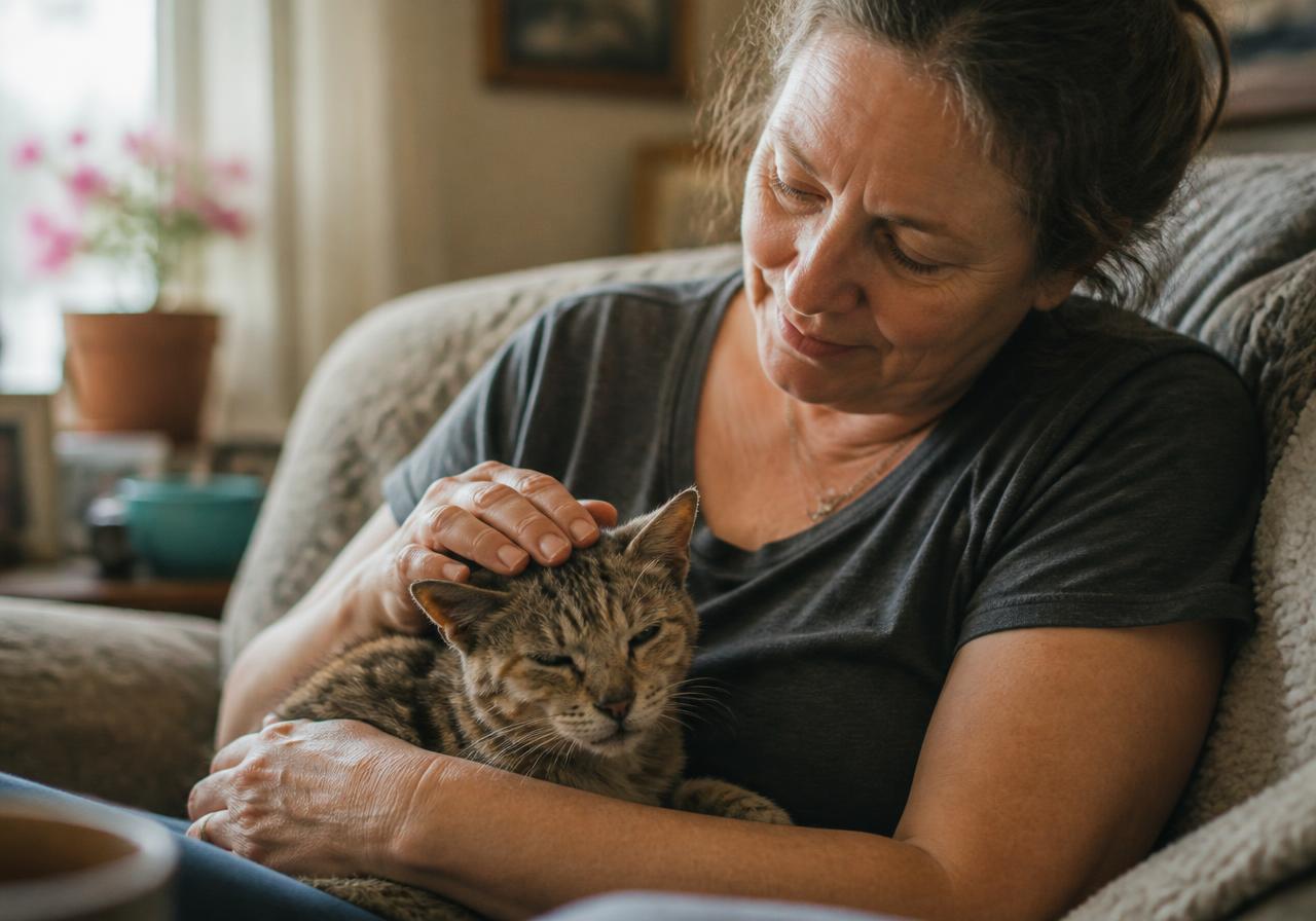 A woman softly stroking her frail senior cat curled in her lap on the couch