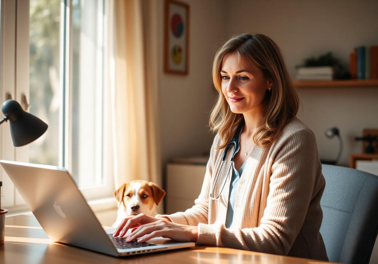 Veterinarian in a cardigan writing a written summary on a laptop in her sunlit home study, small dog beside her