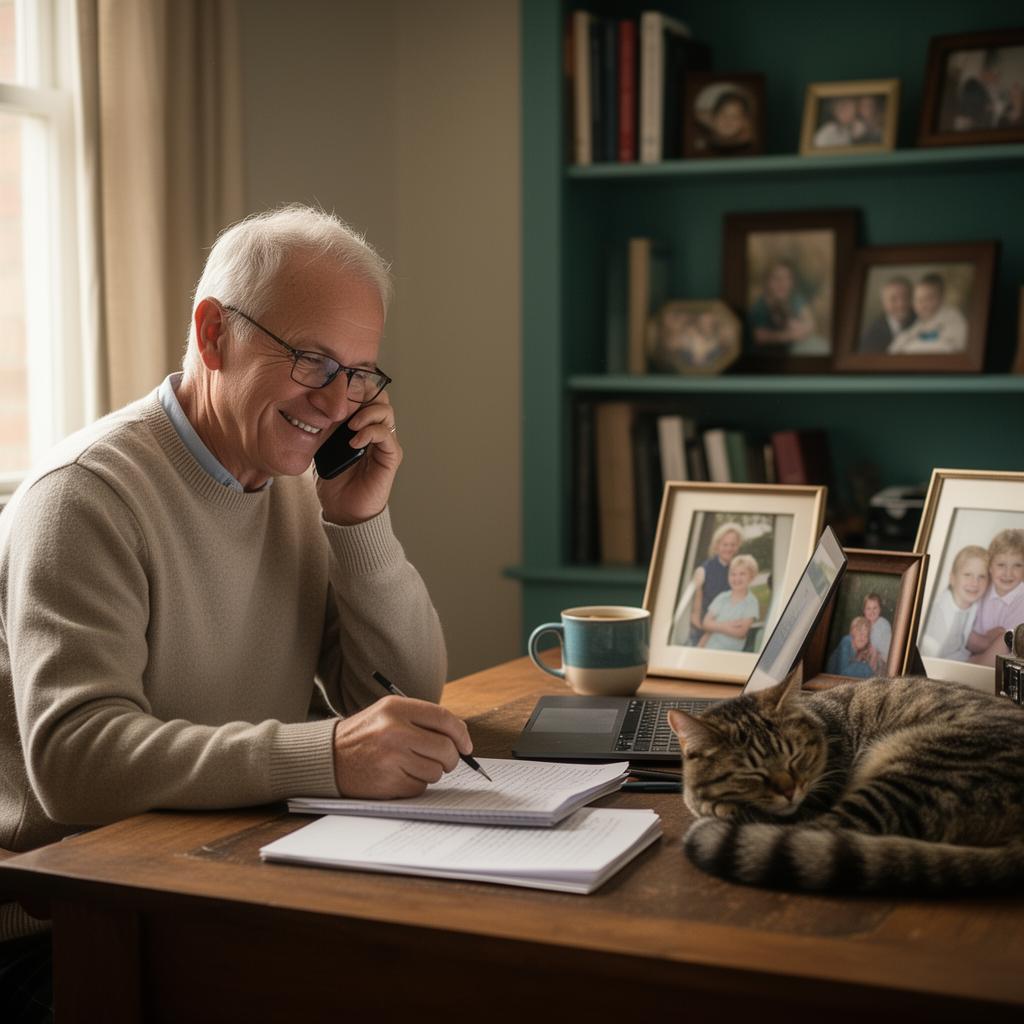 Experienced veterinarian on a phone call at his home desk, cat sleeping next to him