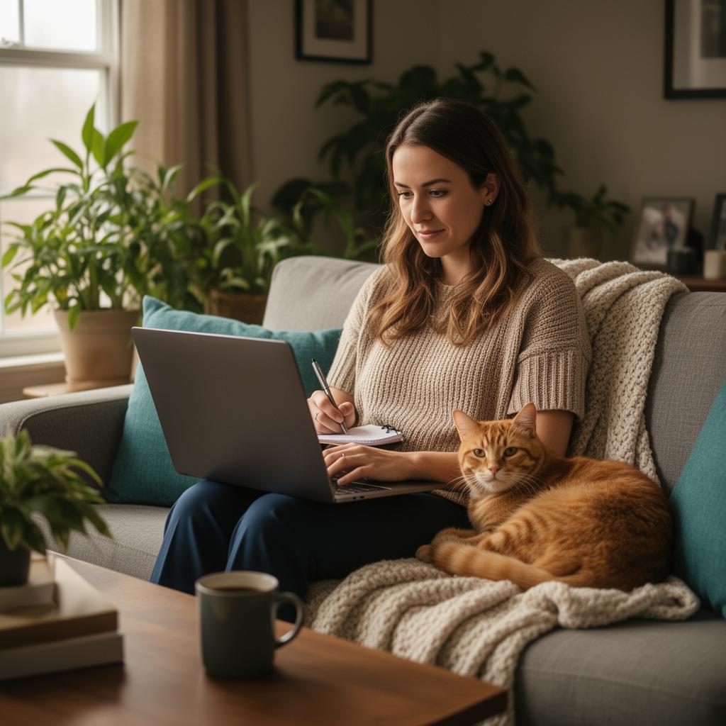 Veterinarian reviewing records on a laptop from her living room couch with her cat
